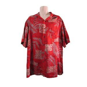 Caribbean Silk Blend Red Gray Tiki Island Camp Aloha Shirt Mens XLT EUC